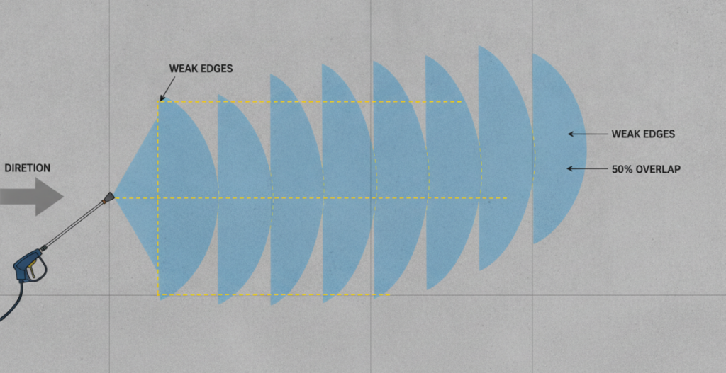 a graphical illustration showing a 50% overlap path on a concrete driveway, highlighting the “weak edges” of a spray fan