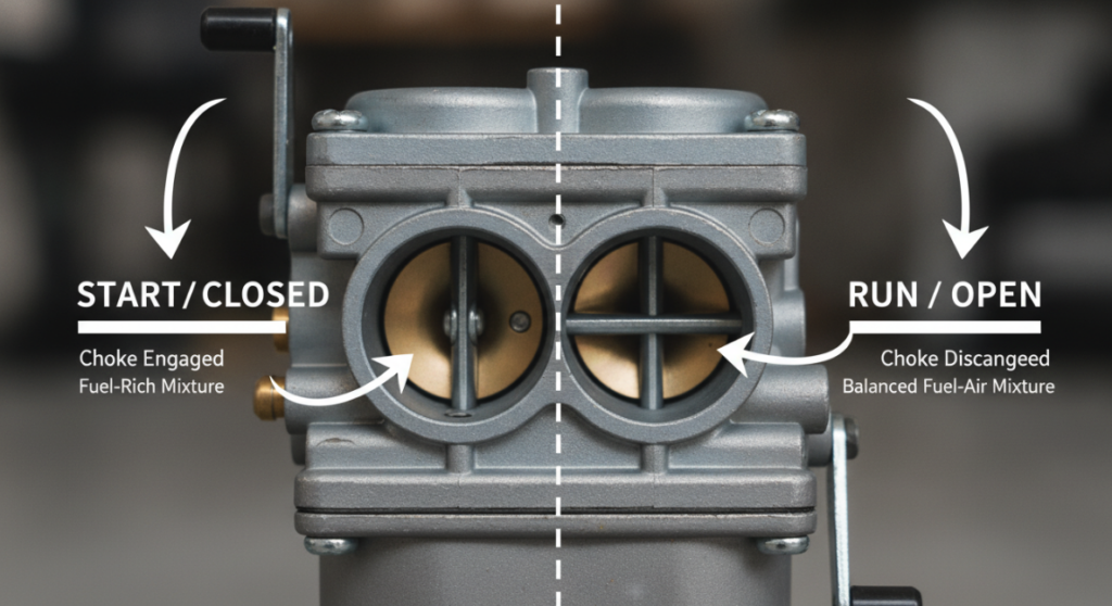 A close-up image showing the "Start/Closed" and "Run/Open" positions of the carburetor's choke lever.