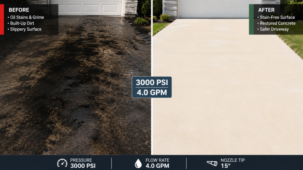 A high-resolution split-screen image showing a blackened, oil-stained driveway on the left and a bright, ivory-clean concrete surface on the right, labeled with technical specs like ‘3000 PSI / 4.0 GPM’.