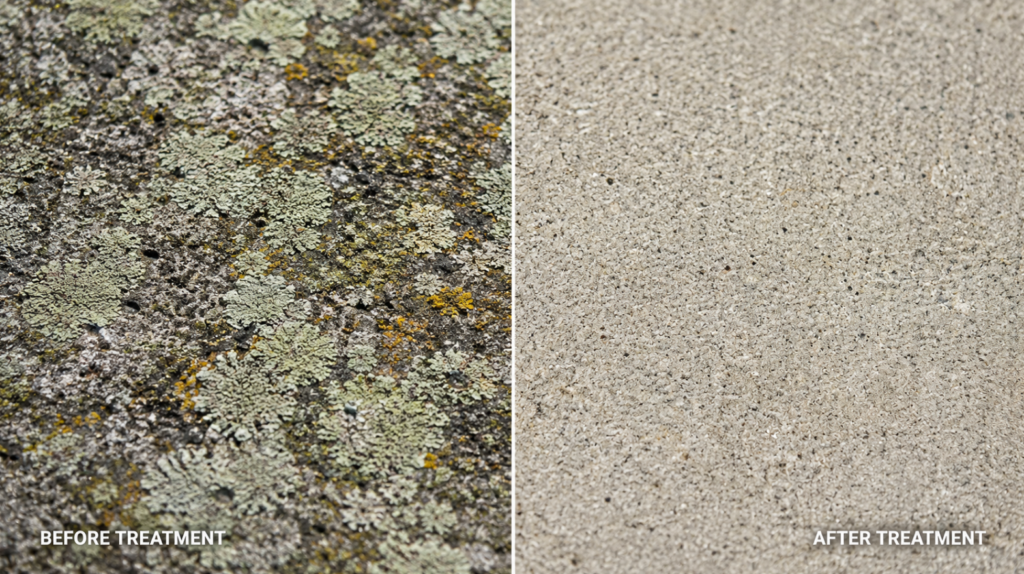 Close-up macro shot of lichen on concrete before and after chemical treatment.