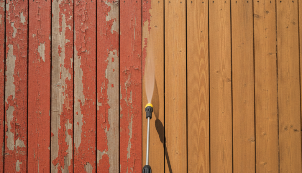 featured image showing a 50/50 split of a wooden deck. Left side has peeling red paint; right side is clean bare wood with a pressure washer wand in frame.