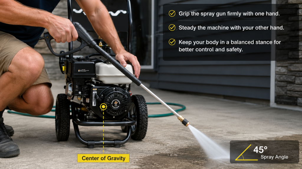 A close-up photo demonstrating the safe posture of firmly gripping the high-pressure spray gun with one hand while steadying the machine with the other, with the center of gravity marked.