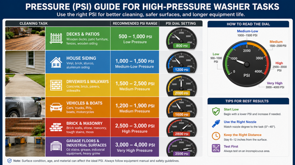 Insert an annotated infographic here that clearly displays the specific PSI value dials corresponding to different cleaning tasks.