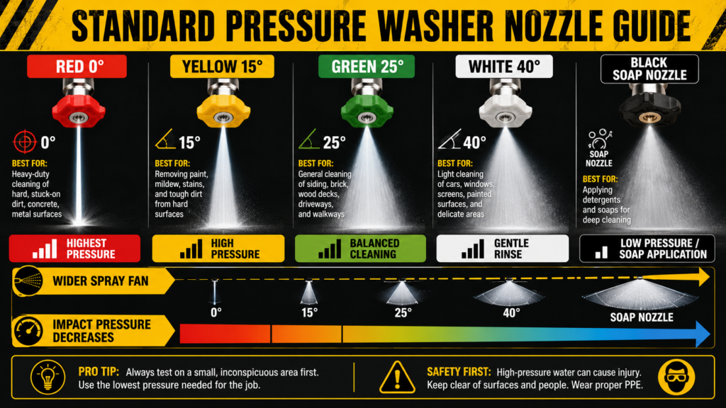 It Displays Standard Nozzle Colors (Red 0°, Yellow 15°, Green 25°, White 40°, And Black Soap Nozzle) And Visually Demonstrates The Variations In Spray Fan Width And Pressure Drop Associated With Each Nozzle.