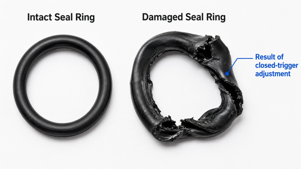 A Comparison Image. On The Left Is An Intact Black Rubber Seal; On The Right Is A Seal That Has Been Punctured By High Pressure And Twisted/Torn, With The Label "Result Of Closed-Trigger Adjustment" Alongside It.