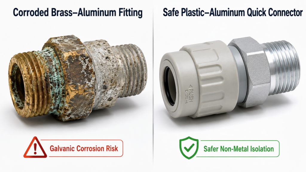Side-By-Side Comparison: A Corroded Brass-Aluminum Joint Versus A Safe Plastic-Aluminum Quick-Connect Fitting.