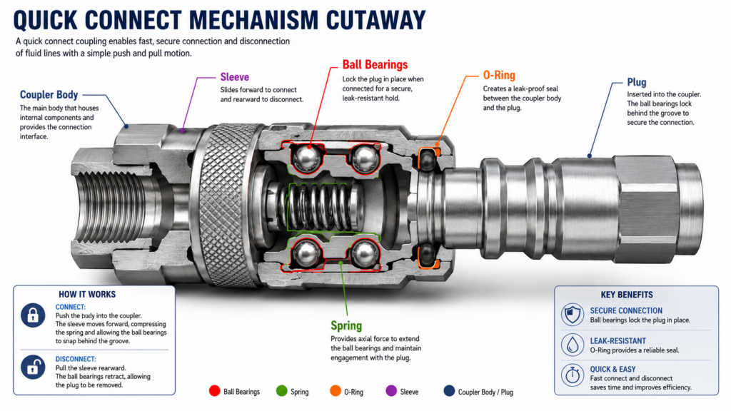 An Infographic Showing A Cross-Section Of A Quick-Connect Mechanism, Highlighting The Ball Bearings, Springs, And O-Rings.