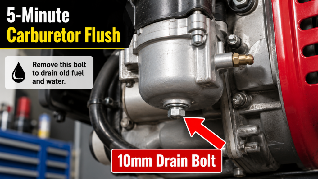 A Close-Up Image Clearly Marking The Exact Location Of The 10mm Carburetor Drain Bolt At The Bottom With A Red Arrow.