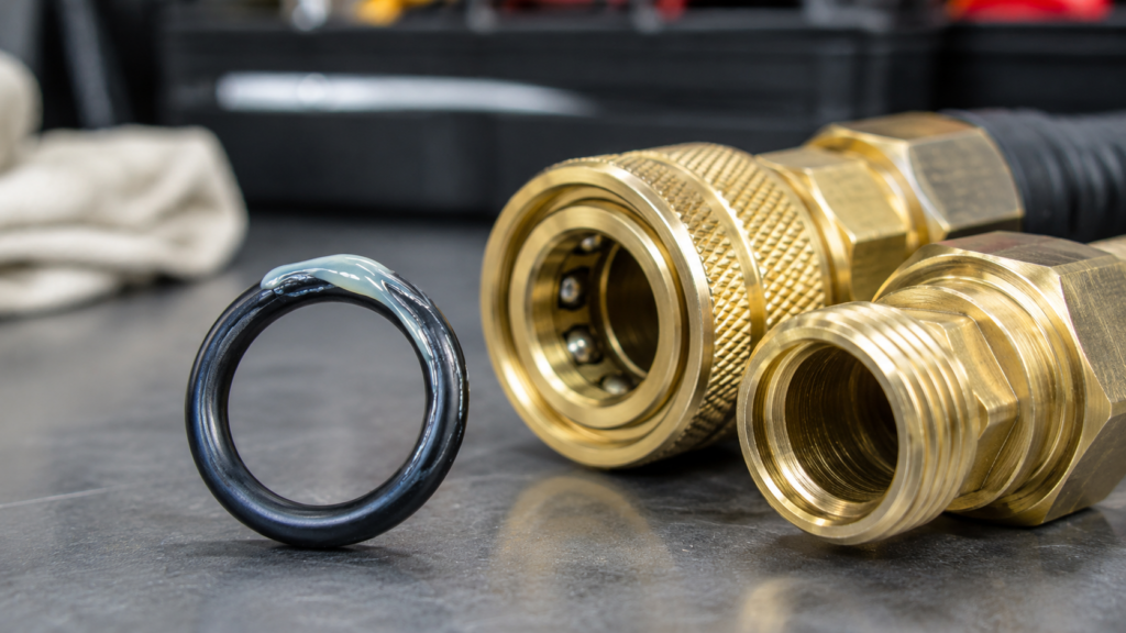 A Macro Photograph Showing An O-Ring Coated With A Small Amount Of Silicone Grease, Positioned Next To A Set Of Brass Quick-Connect Fittings.