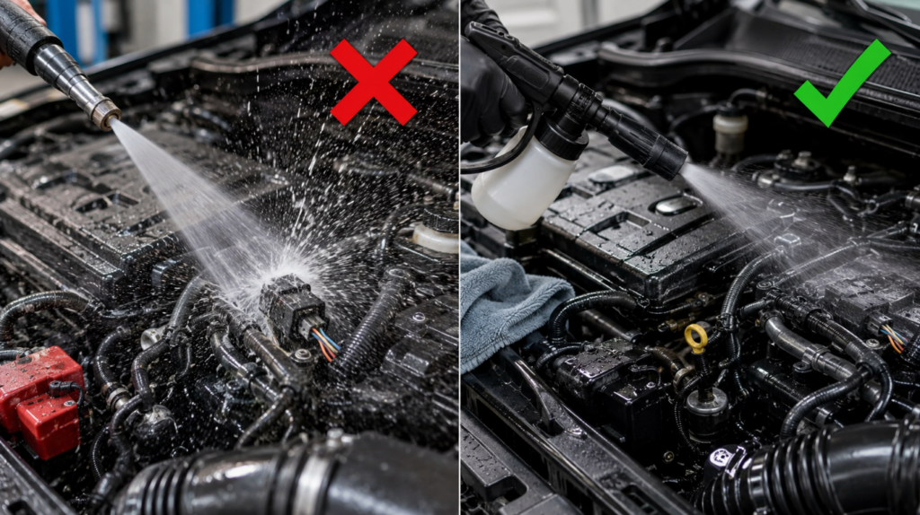 A side-by-side comparison image showing a high-pressure washer damaging an electrical connector on the left, and a safe, low-pressure gentle rinse on the right, with a bold red “X” and green checkmark.