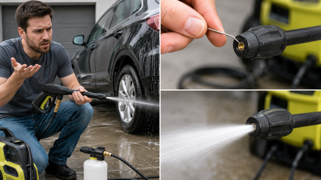 A high-resolution split image. On the left, a frustrated user looking at a weak stream of water. On the right, a close-up of a hand effortlessly clearing a clogged spray nozzle tip with a simple wire tool, restoring a powerful spray.