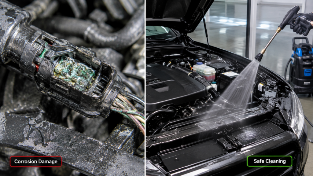 Immediately after the intro paragraph. Picture Description: A split-screen high-resolution photo. Left side: A zoomed-in shot of a damaged engine wire connector with green corrosion inside. Right side: A pristine, safely cleaned engine bay with a pressure washer fitted with a wide-fan nozzle operating from a safe distance.