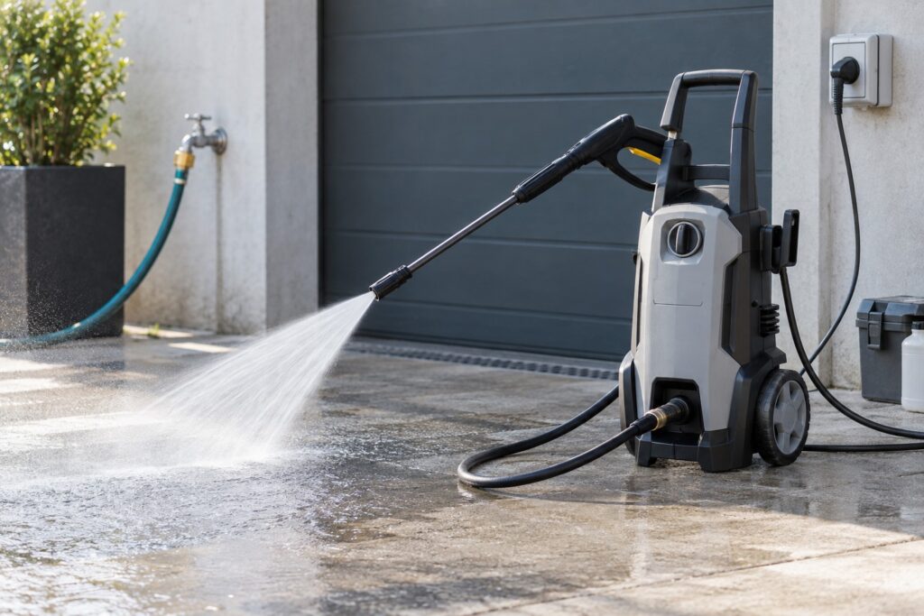 Unbranded 220v high pressure washer with hose and spray gun in an outdoor service area
