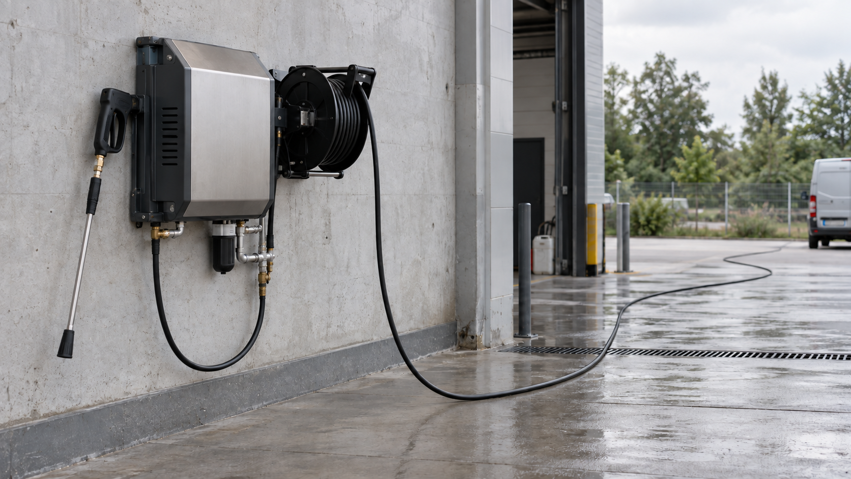 Unbranded wall-mounted pressure washer with a hose reel and long hose covering a wet commercial cleaning bay.
