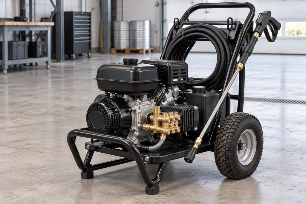 Large wheeled industrial pressure washer with visible engine, pump, hose and spray lance in a workshop