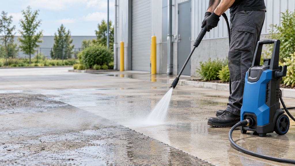 Compact Electric Pressure Washer Cleaning A Concrete Walkway Outside An Industrial Building