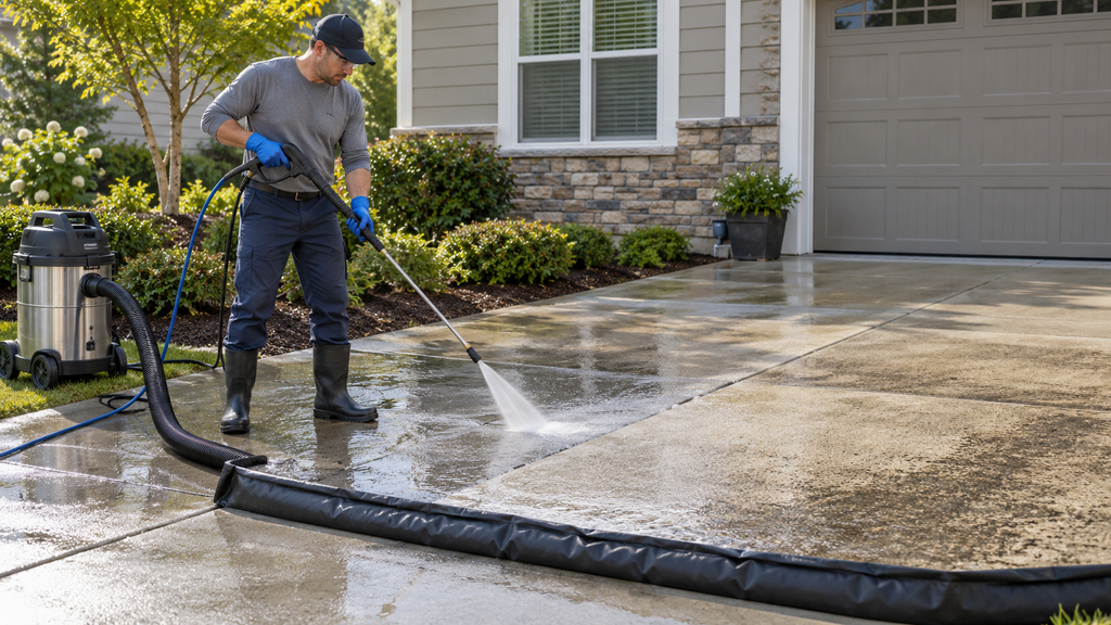 Technician Pressure Washing A Concrete Driveway With A Containment Berm And A Wastewater Collection Hose.
